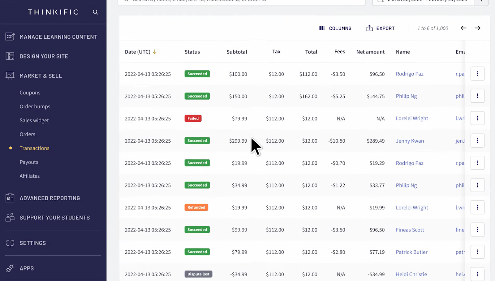 Thinkific's supported payment methods and transactions screen
